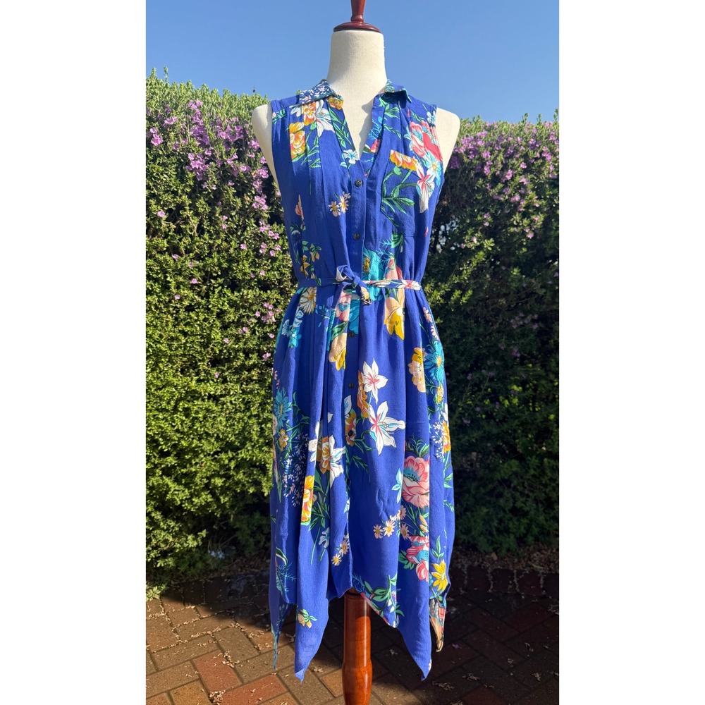 Maeve by Anthropologie Royal Blue Floral Handkerchief‎ Hem Shirt Dress Belted 4
